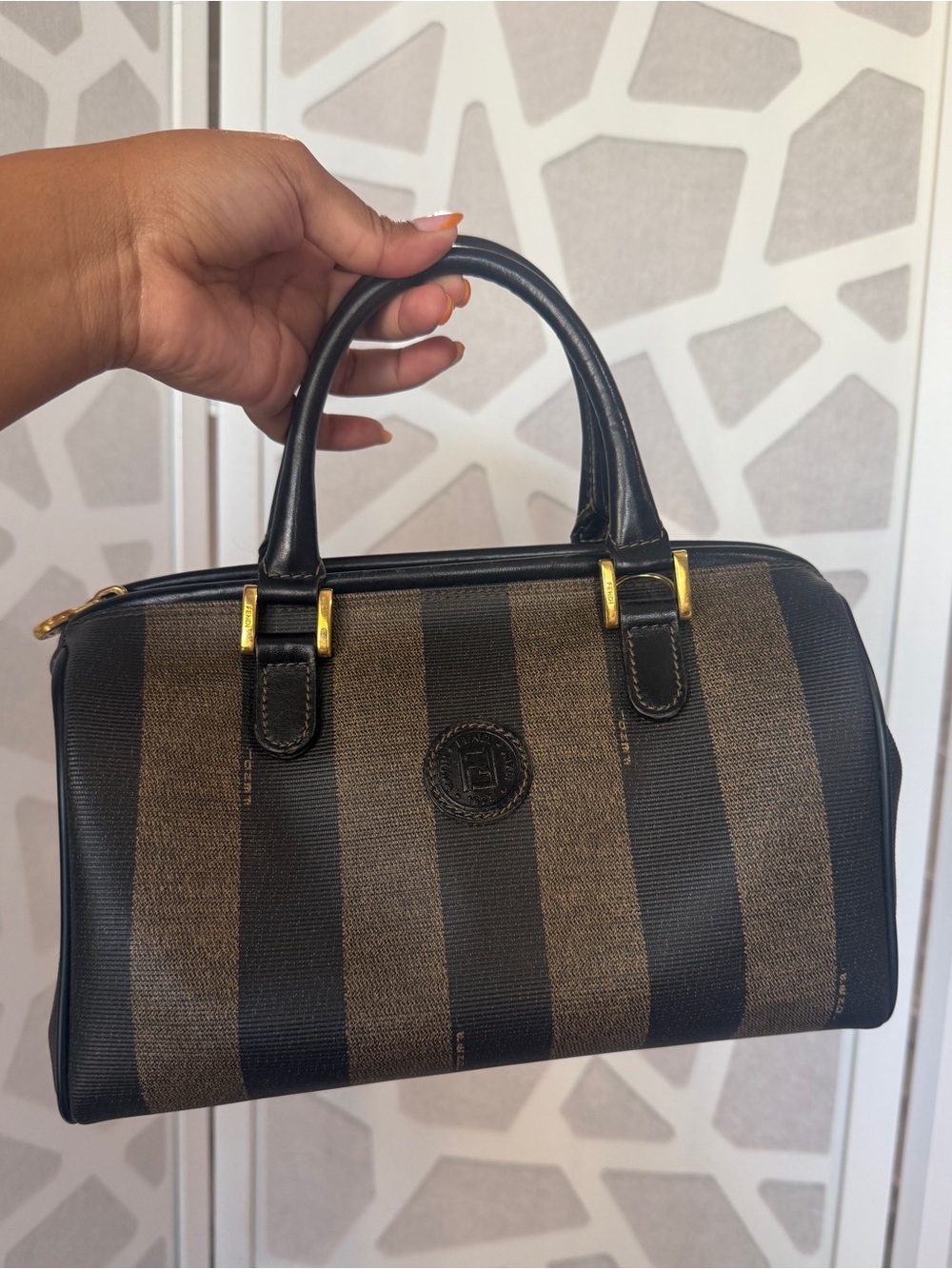 Fendi Black and Brown Striped Barrel Satchel with Gold Hardware